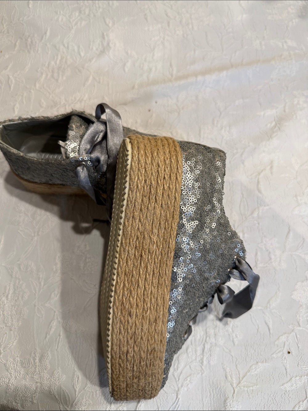 Sequin Gray Platform Espadrille Sneakers with Satin Ribbon Laces